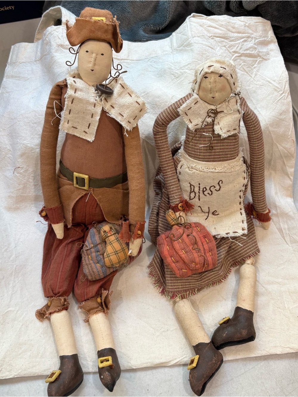 Handcrafted Rustic Fall Pilgrim Couple Décor - Brown & Cream